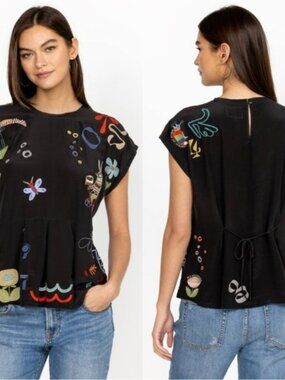 Johnny Was Charming Whimsical Biya Embroidered Silk Top